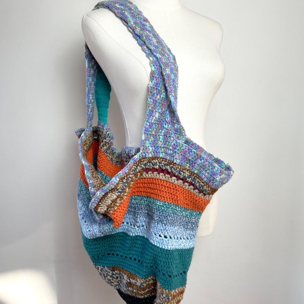 Handmade Crochet Knit‎ Stripe Patchwork Shoulder Bag Boho Cottage Fairy Y2K